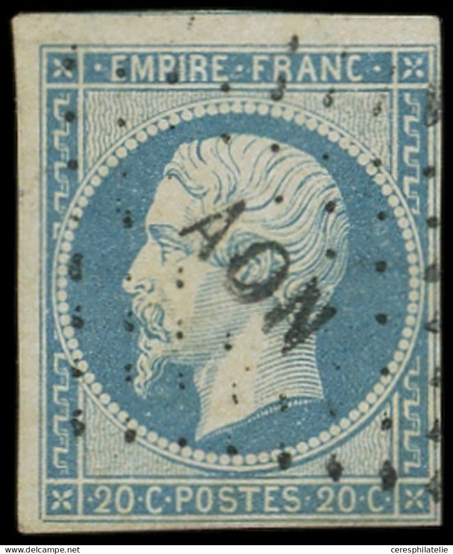 EMPIRE NON DENTELE - 14A  20c. Bleu, T I, Obl. Los. AON, TB - 1853-1860 Napoléon III