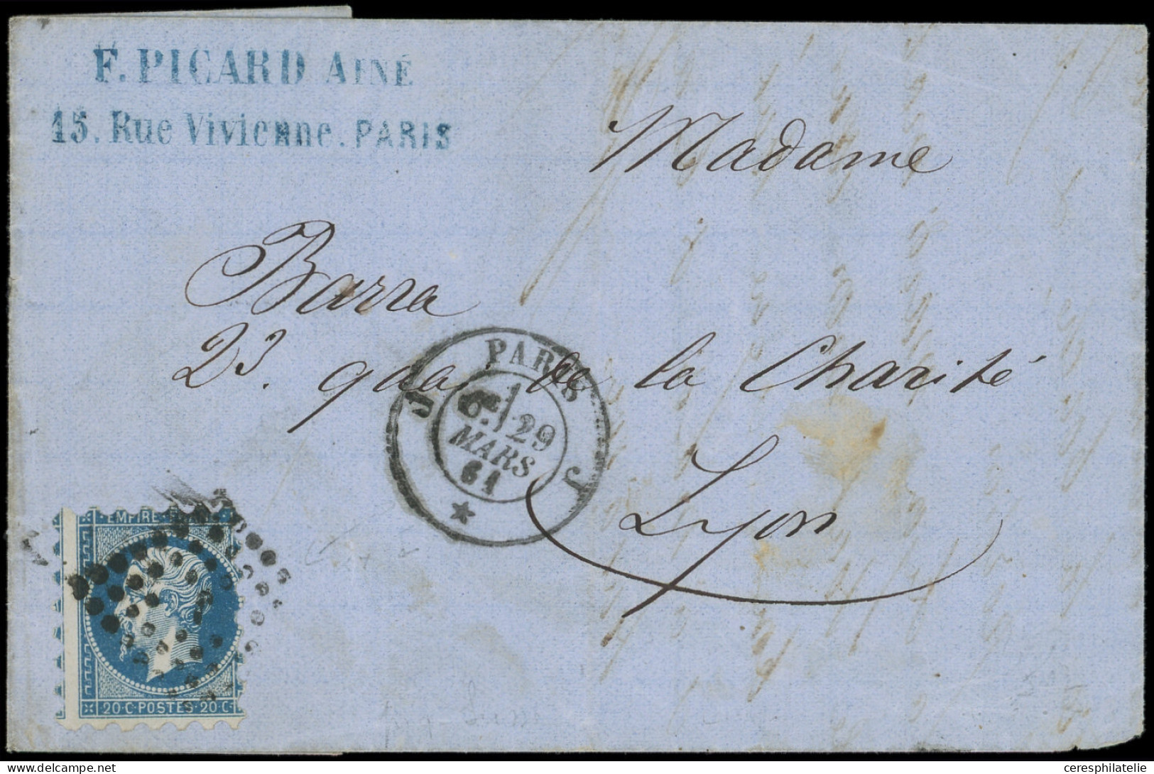 Let EMPIRE NON DENTELE - 14A  20c. Bleu, T I PIQUAGE SUSSE, Obl. Los. J S. LAC, Càd J PARIS J 29/3/61, Plus Rare S. T I, - 1849-1876: Classic Period