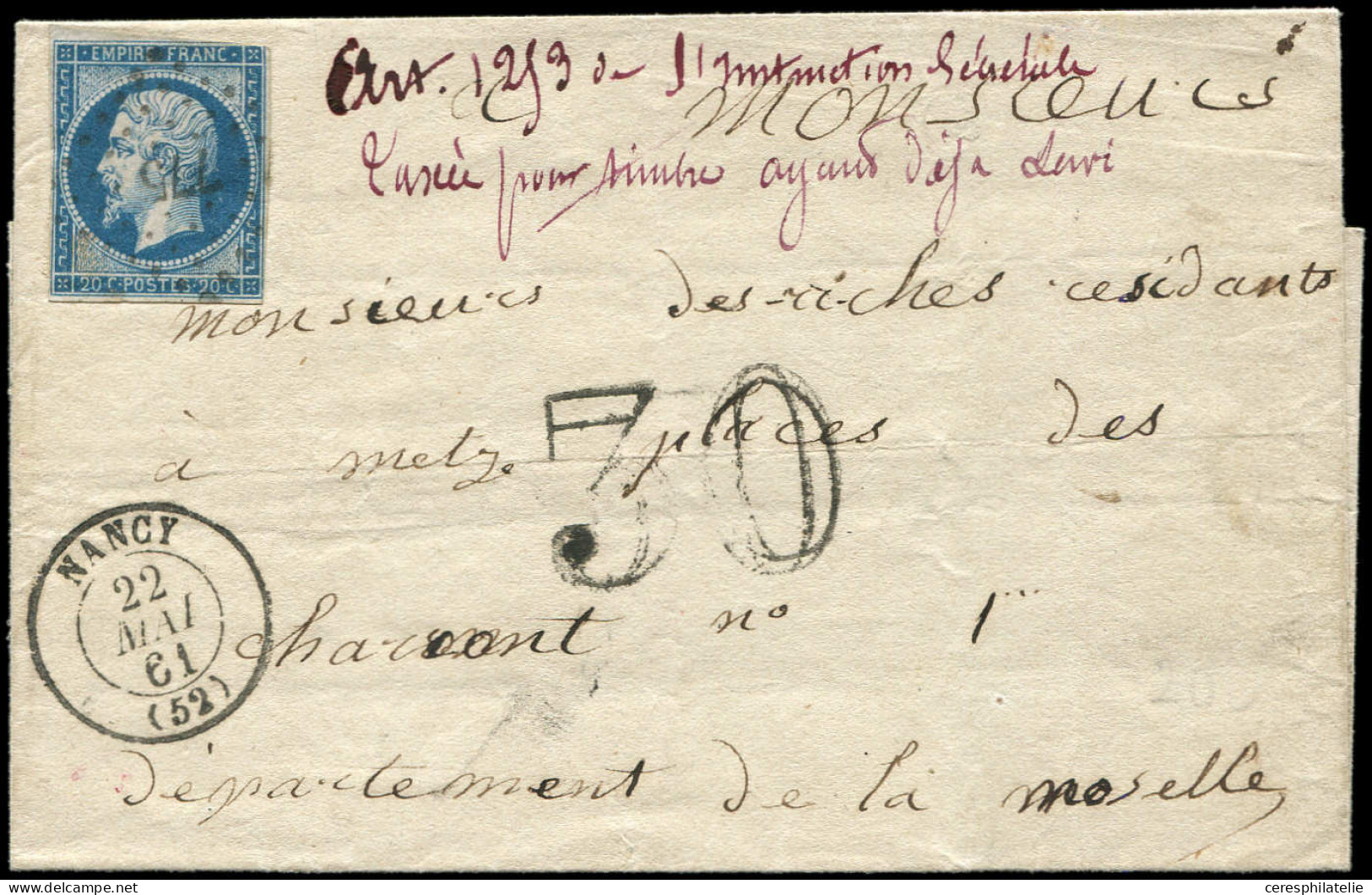 Let EMPIRE NON DENTELE - 14A  20c. Bleu Obl. S. LSC "taxée Pour Timbre Ayant Déjà Servi", Càd NANCY 22/5/61 Et Taxe 30 D - 1849-1876: Classic Period