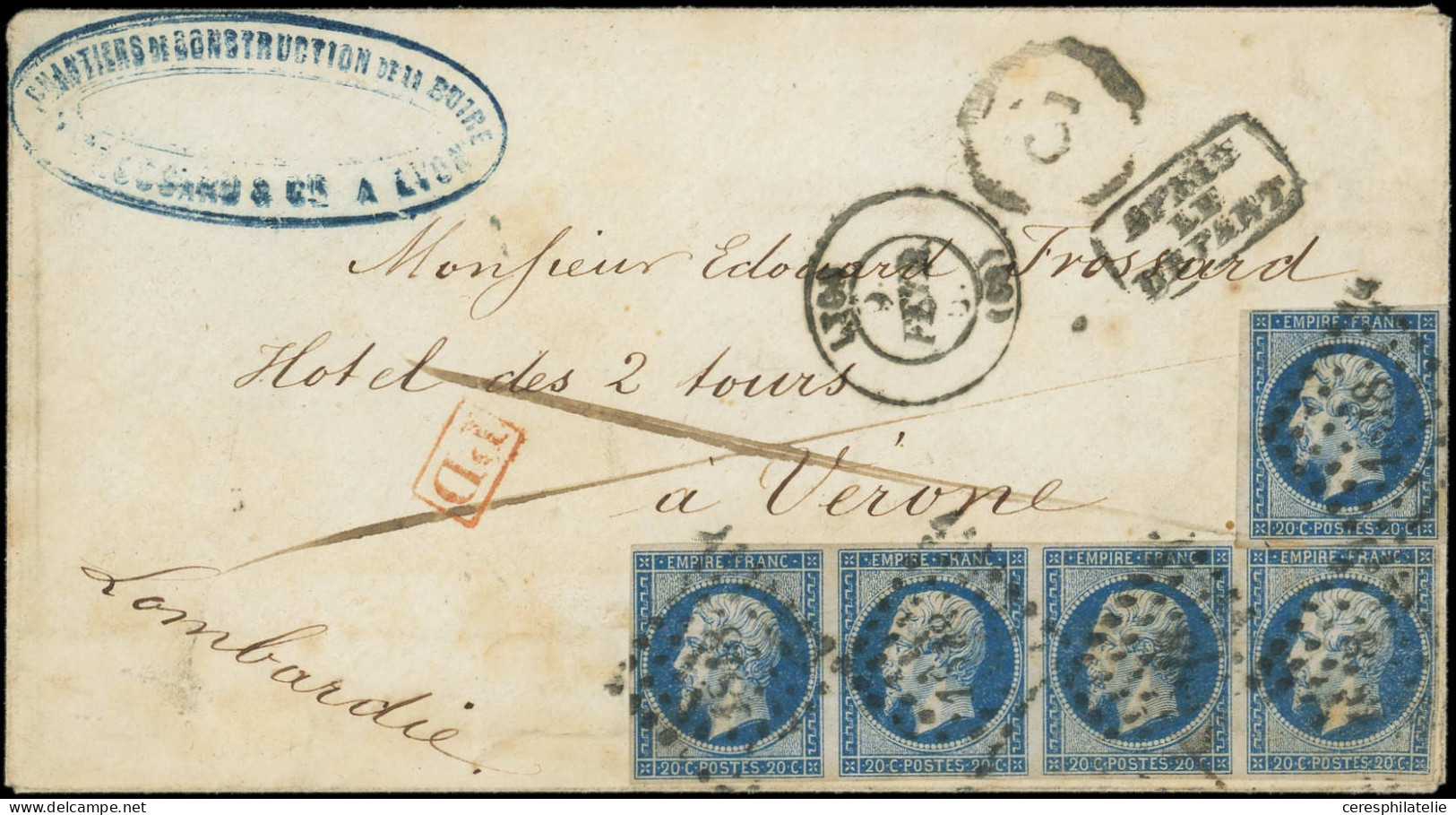 Let EMPIRE NON DENTELE - 14A  20c. Bleu, BANDE De 4 + 1 Ex. Obl. PC 1818 S. Env., Càd T15 LYON 9/2/-, Arr. VERONA, Affrt - 1849-1876: Classic Period