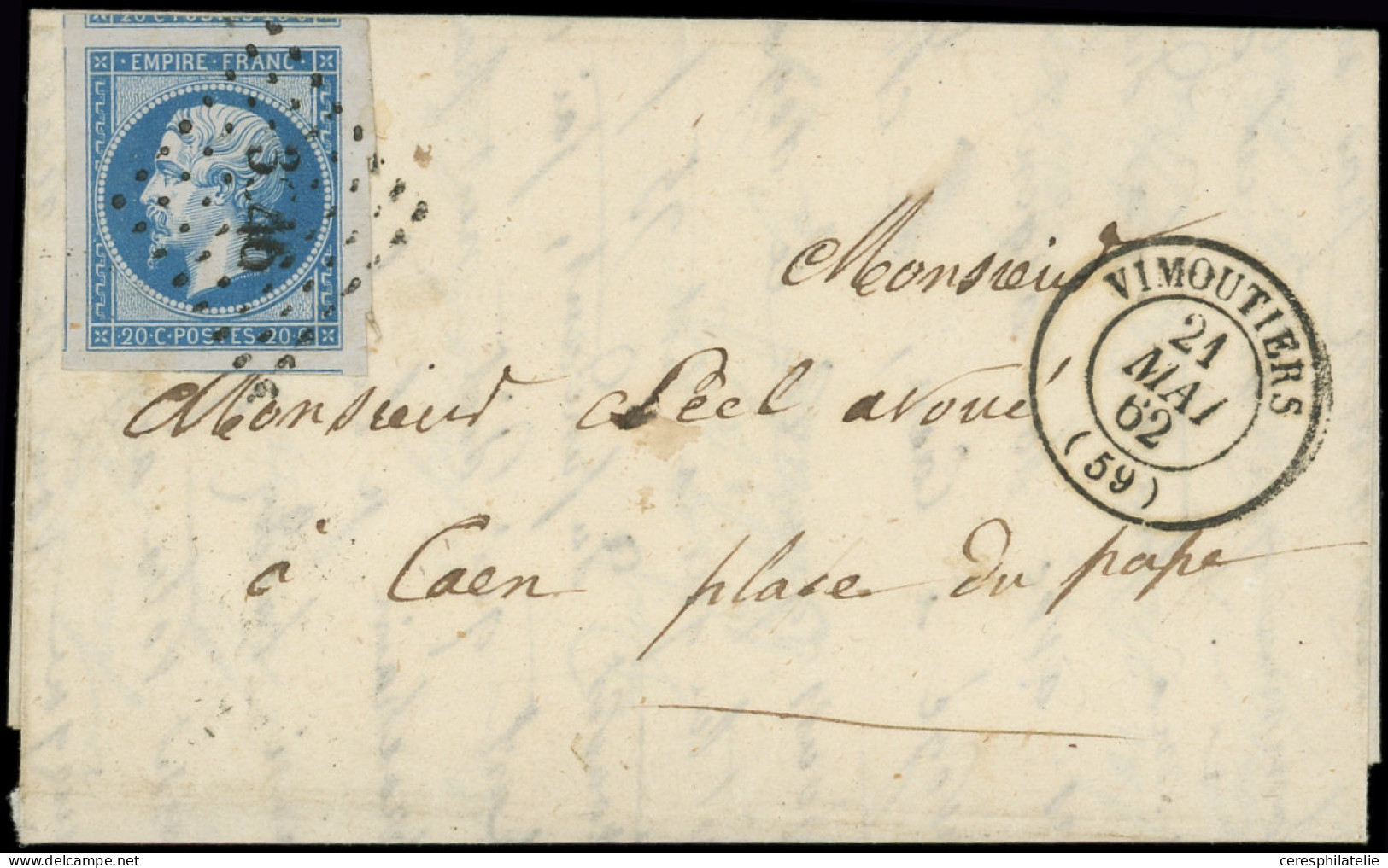 Let EMPIRE NON DENTELE - 14B  20c. Bleu, T II, Marges énormes Avec 4 Voisins, Obl. PC 3646 S. Petite LAC, Càd T15 VIMOUT - 1849-1876: Période Classique