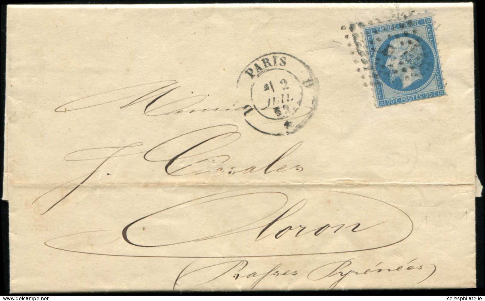 Let EMPIRE NON DENTELE - 14B  20c. Bleu, T II, PERCE EN LIGNE, Obl. Los. D S. LAC, Càd PARIS 2/7/62, TB - 1849-1876: Classic Period