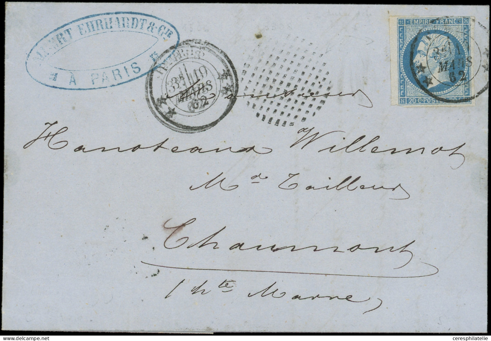 Let EMPIRE NON DENTELE - 14B  20c. Bleu, T II, Obl. Càd T1366 ** PARIS ** 19/3/62 Répété à Côté Avec Cercle De Points S. - 1849-1876: Periodo Classico