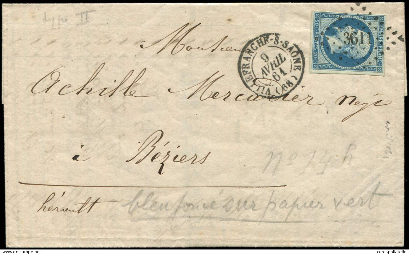 Let EMPIRE NON DENTELE - 14Ba 20c. Bleu Sur VERT, T II, Obl. PC 3611 S. LAC, Càd VILLEFRANCHE-S-SAONE 9/4/61, TTB, Cote  - 1849-1876: Periodo Classico