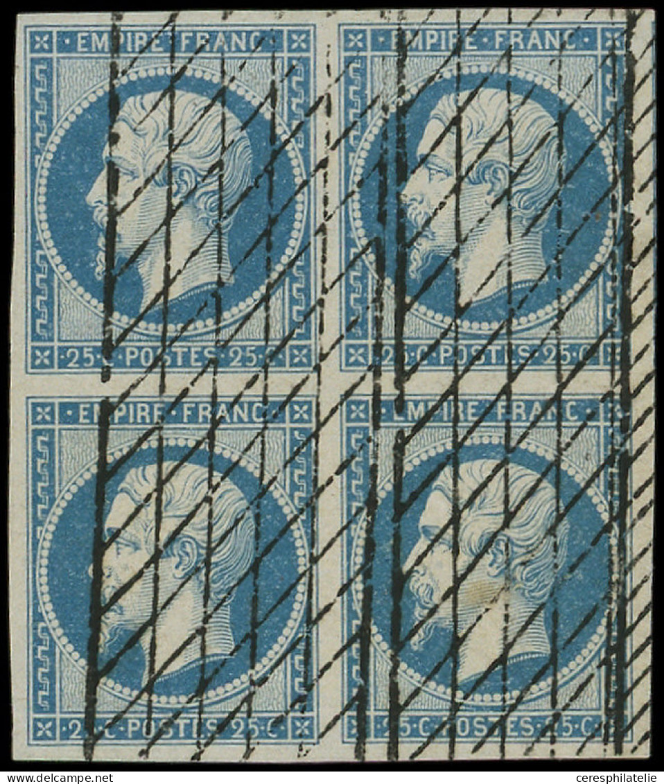 EMPIRE NON DENTELE - 15   25c. Bleu, BLOC De 4 Obl. GRILLE SANS FIN, Trou D'épingle S. 1 Ex. Néanmoins Très Frais Et TTB - 1853-1860 Napoleon III