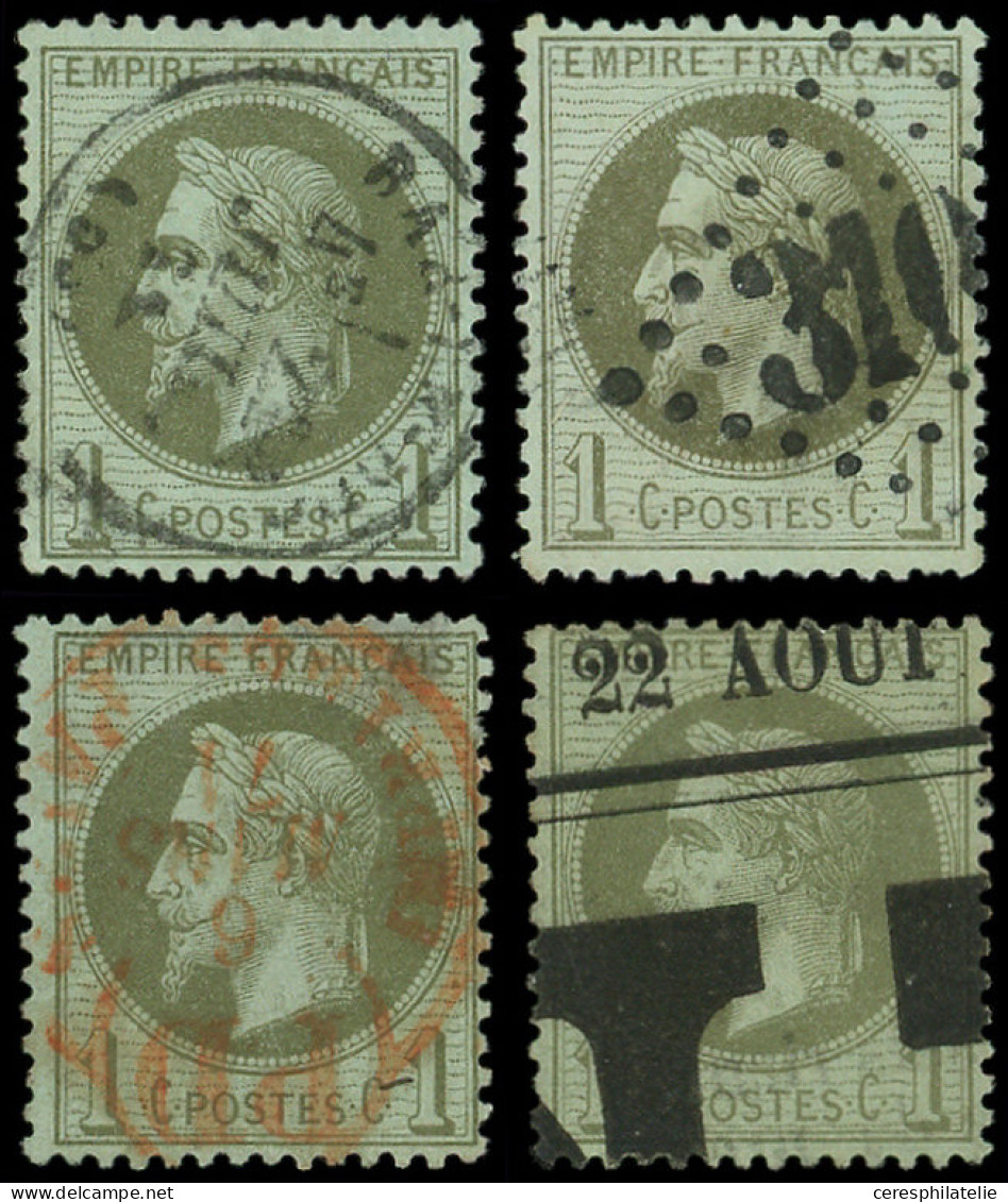 EMPIRE LAURE - 25    1c. Vert-bronze, 4 Ex. Obl., Càd, GC Rouge Et Typo, TB - 1863-1870 Napoléon III Lauré