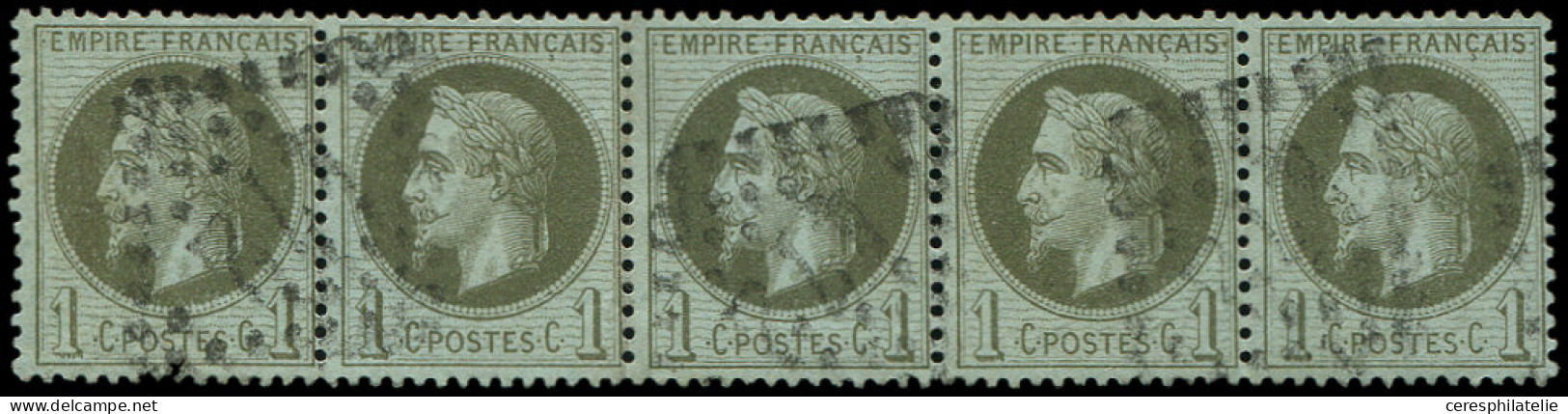 EMPIRE LAURE - 25    1c. Bronze, BANDE De 5, Obl. GC 472, 2 Ex. Légère Froissure, Sinon TB - 1863-1870 Napoleon III With Laurels