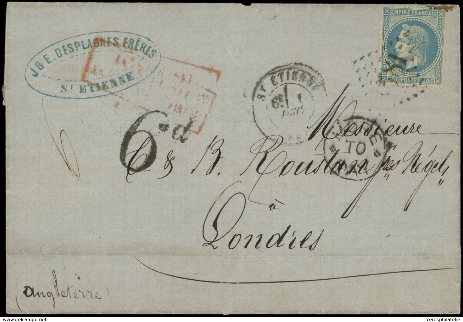 Let EMPIRE LAURE - 29B  20c. Bleu, T II, Obl. GC 3581 S. LSC, Càd T17 ST ETIENNE 1/12/69, Griffe "affrt Insuff." Et More - 1849-1876: Classic Period