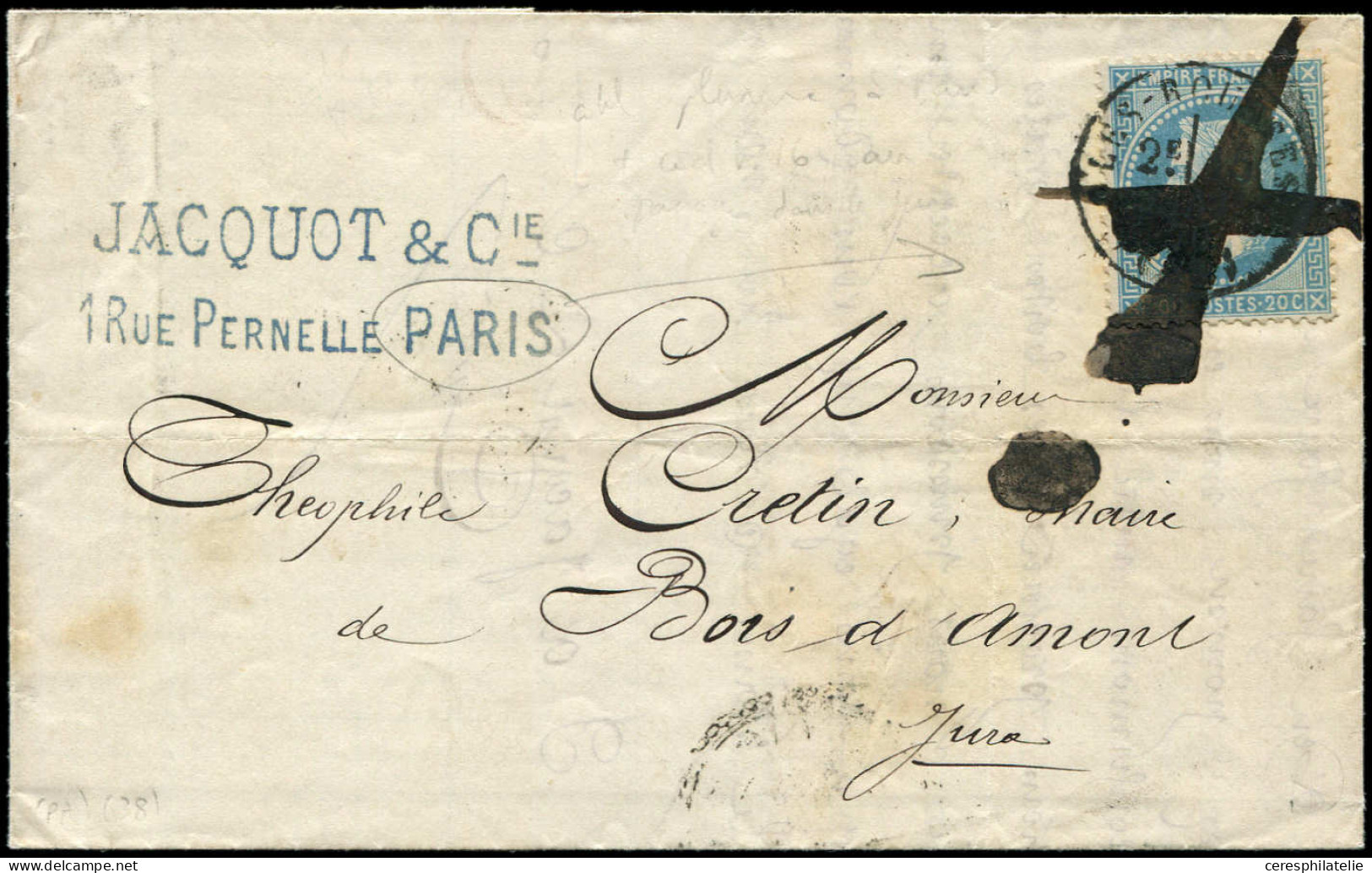 Let EMPIRE LAURE - 29B  20c. Bleu, T II, Obl. PLUME (grasse) Et Càd T16 LES ROUSSES 15/1/70 Sur LAC De Paris Du 14/1 Boi - 1849-1876: Klassik