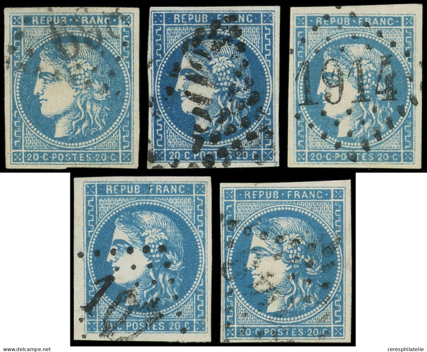 EMISSION DE BORDEAUX - 45A, 45B, 45C, 46B, 46Ba, 20c. Bleu T II R I, R II, R III, T III R II Bleu Et Bleu Foncé, TB/TTB - 1870 Bordeaux Printing