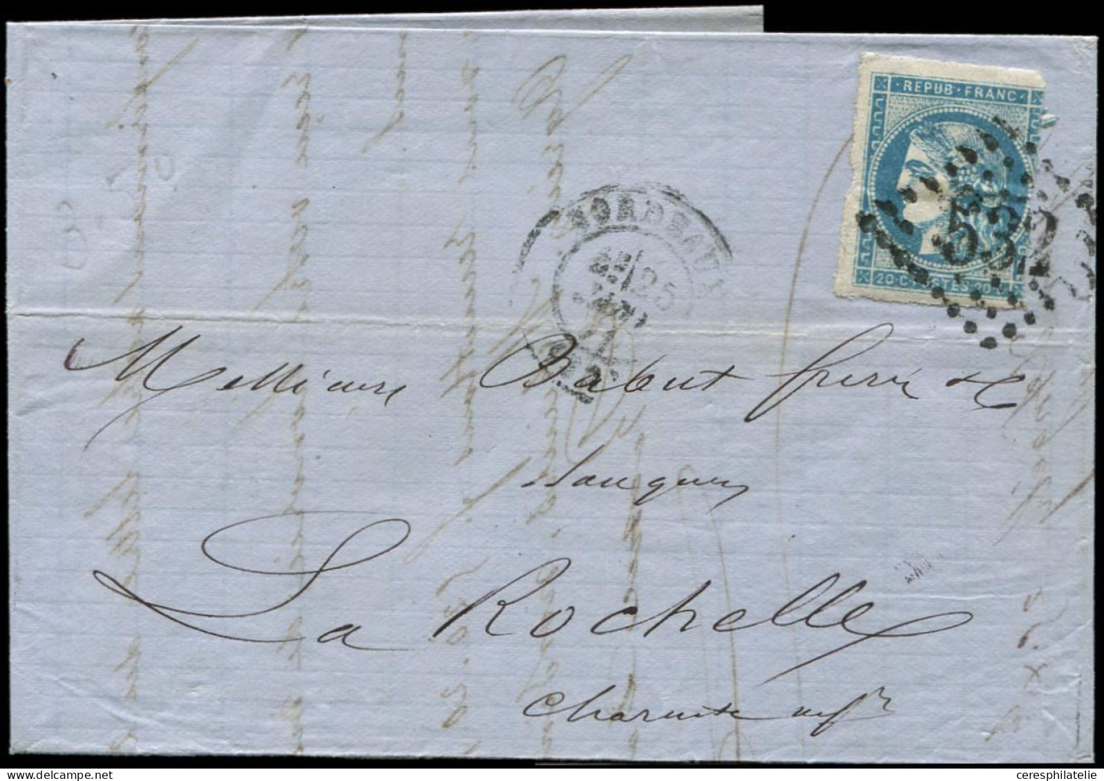 Let EMISSION DE BORDEAUX - 45C  20c. Bleu, T II, R III, PERCE En LIGNES, Obl. GC 532 S. LAC, Càd BORDEAUX 25/1/71, TB - 1849-1876: Période Classique