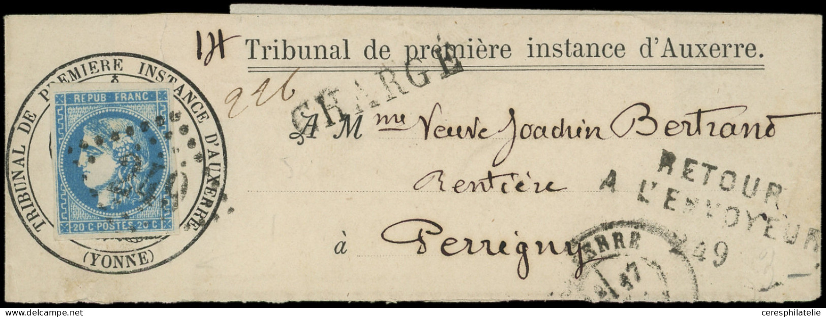 Let EMISSION DE BORDEAUX - 46B  20c. Bleu, T III, R II, Obl. GC 249 S. Bande Complète CHARGE Du Tribunal De Première Ins - 1849-1876: Classic Period