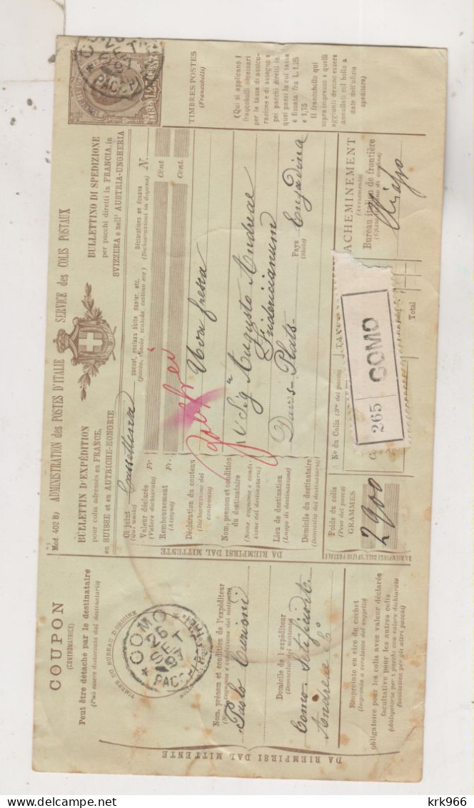 ITALY 1897 COMO Parcel Card To Switzerland - Pacchi Postali