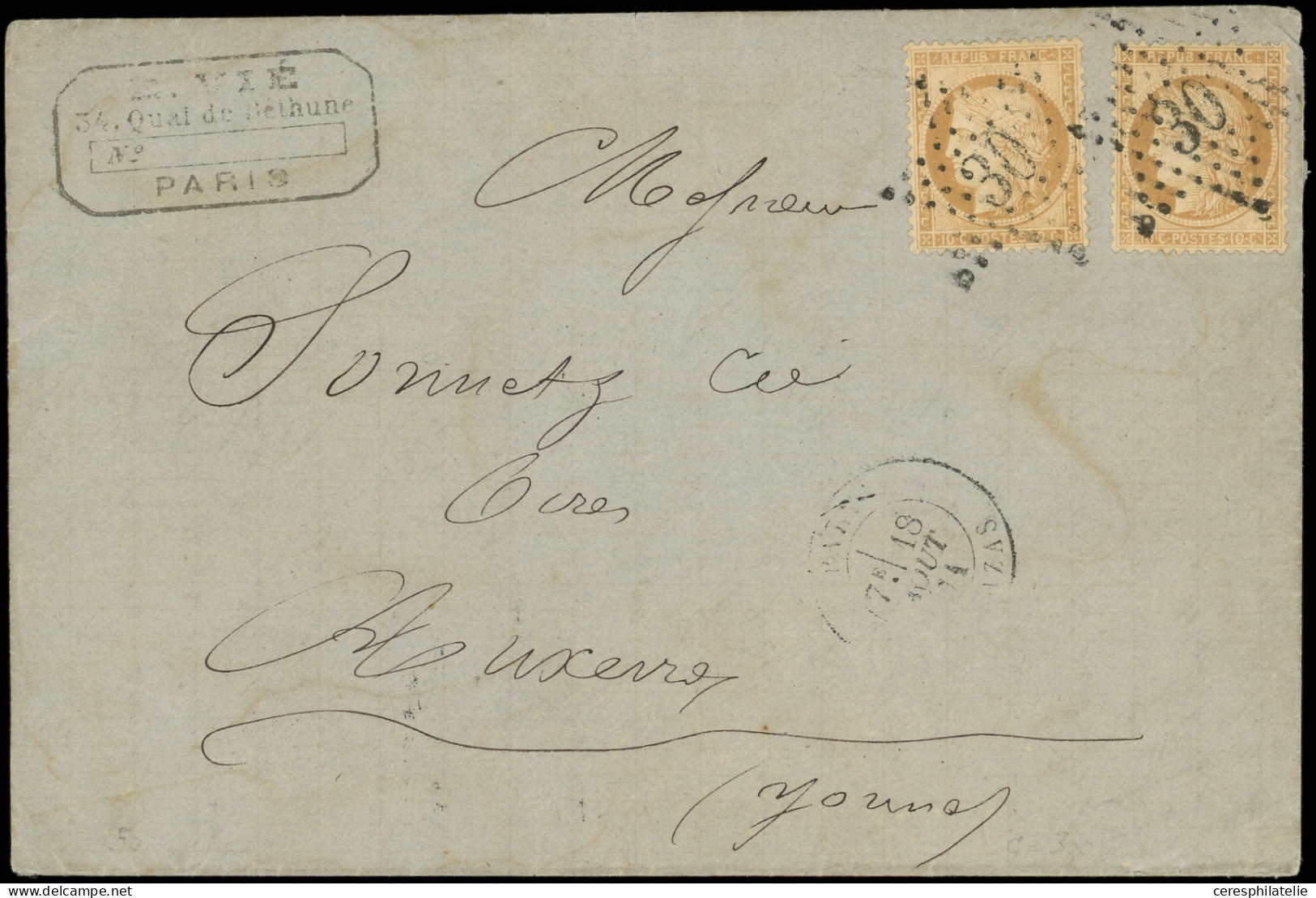 Let LETTRES DE PARIS - N°36 (2) Obl. ETOILE 30 S. LAC, Càd Bt Mazas 18/8/71, TB - 1849-1876: Classic Period