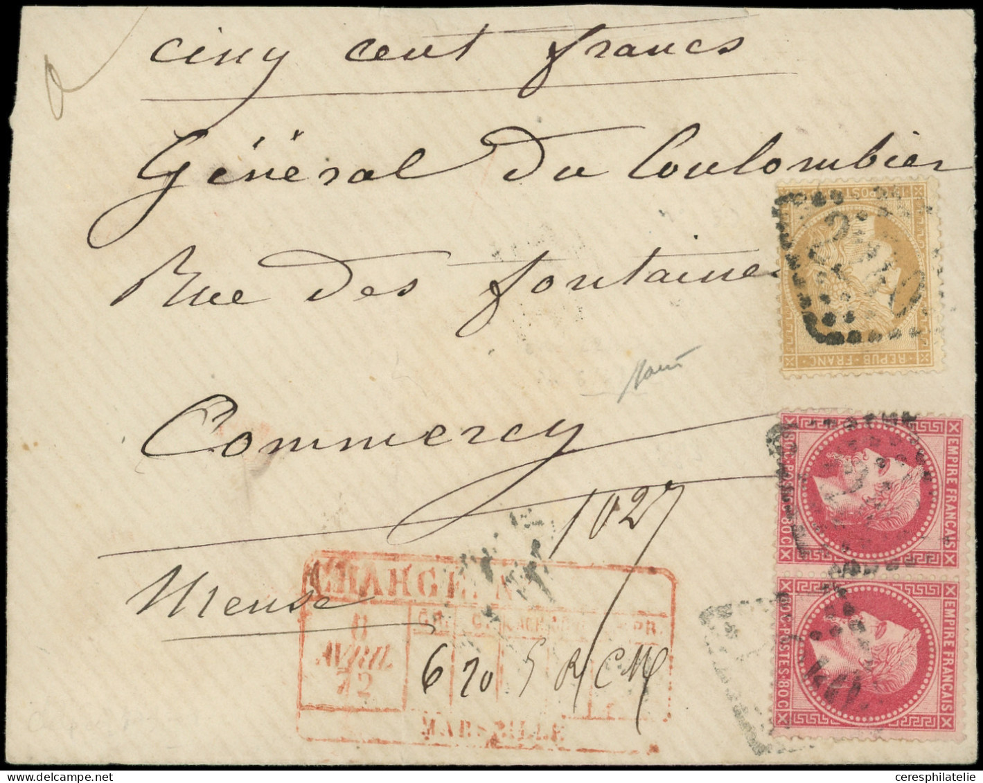 Let AFFRANCHISSEMENTS ET COMBINAISONS - N°32 PAIRE Et 59 Obl. GC 2240 S. Env. Avec Cachet De CHARGEMENT Au Recto 8/4/72, - 1849-1876: Klassik