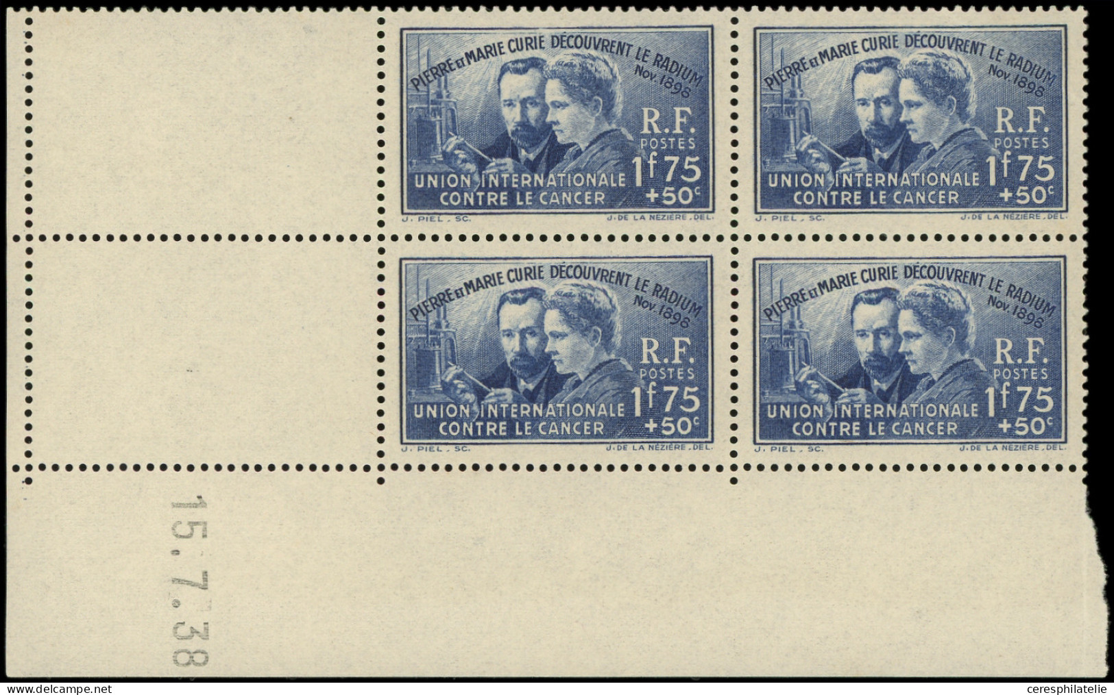 ** EMISSIONS DU XXe SIECLE - 402   Pierre Et Marie Curie, BLOC De 4 CD 15/7/38, TB - Unused Stamps