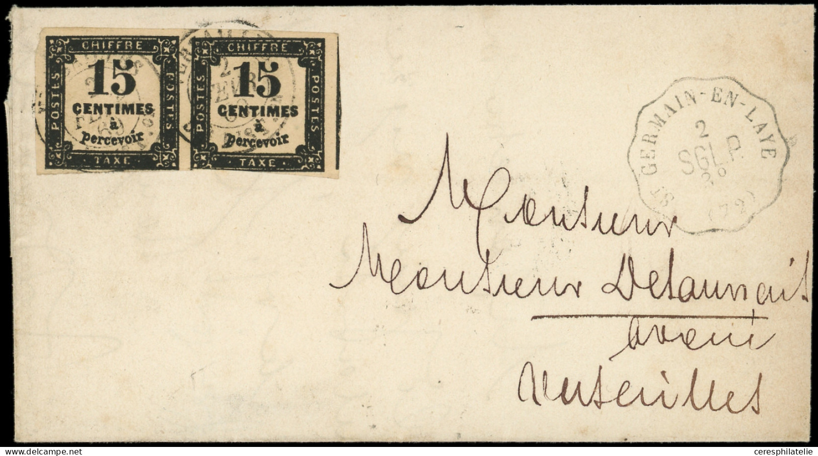 Let TAXE - 3   15c. Noir Typo T I, PAIRE Effl. En Bas Obl. Càd T15 VERSAILLES 5e DISTon 2/2/69 S. LAC Non Affr. Retirée  - 1859-1959 Storia Postale