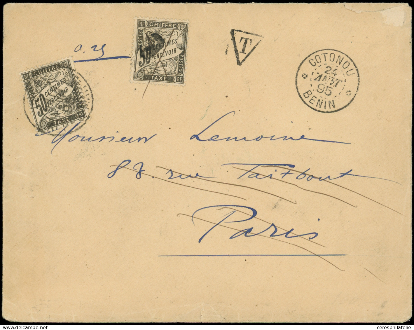 Let TAXE - 20  50c. Noir Obl. Plume S. Env. Non Affr., Càd COTONOU 24/1/95, Réexp. à NICE Et Retaxée Avec 50c. Noir Obl. - 1859-1959 Lettres & Documents