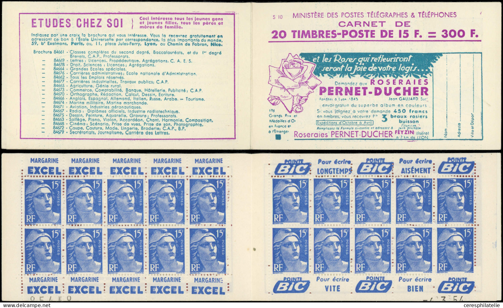 CARNETS (N° Yvert) - 886-C11   Gandon, 15f. Bleu, N°886a, T I, S. 10, PERNET-DUCHET, TB - Altri & Non Classificati