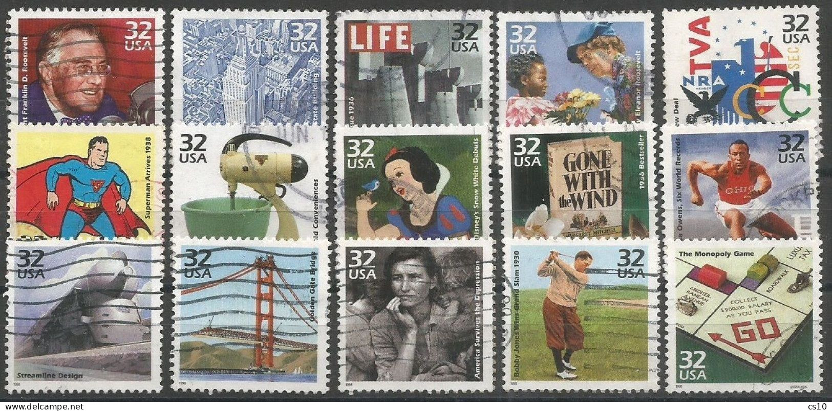 USA 1998 Celebrate The Century "The 1930s" - SC.3185 A/O Cpl 15v Set VFU Condition - Full Years