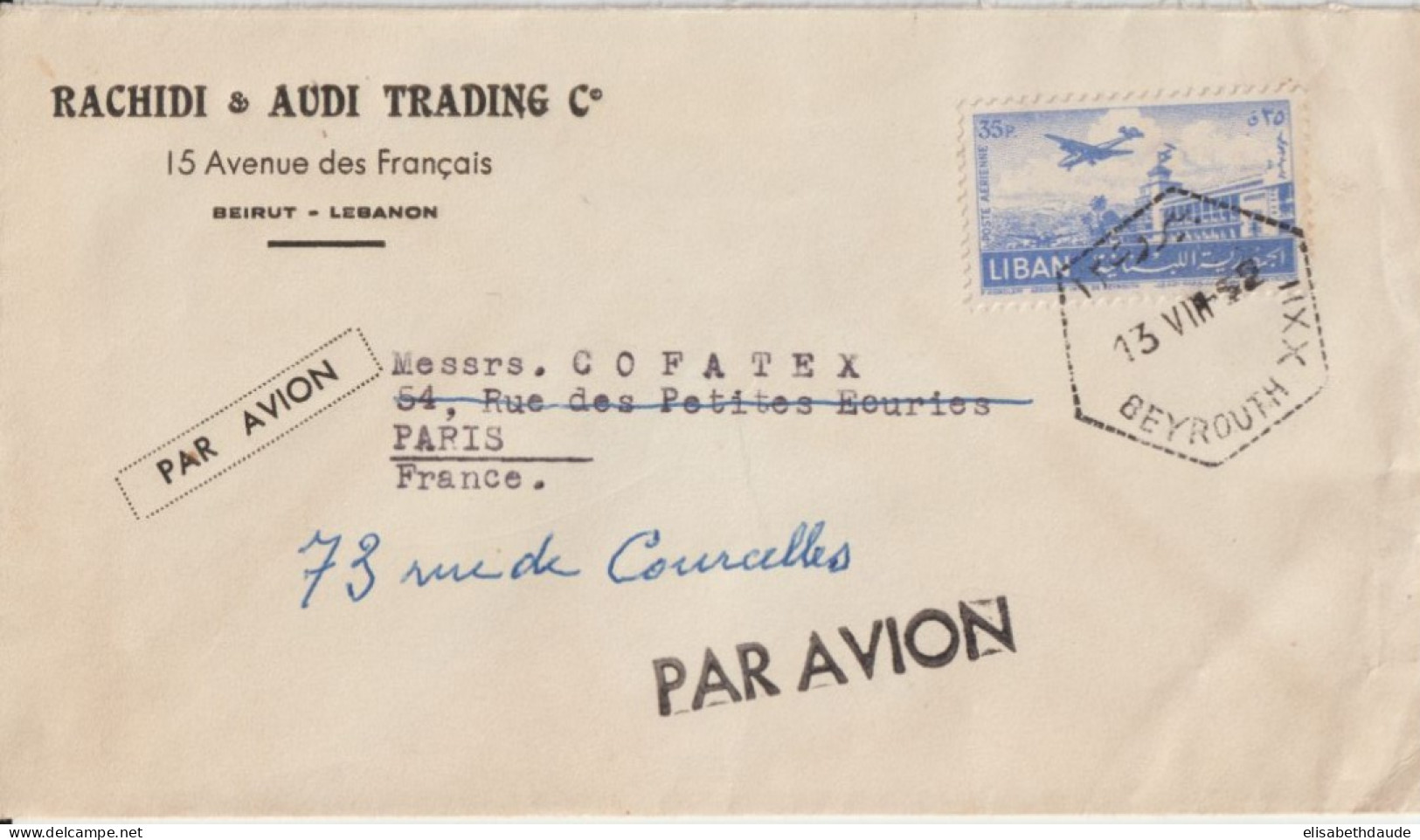 LIBAN - 1952 - ENVELOPPE Par AVION De BEYROUTH XXII CACHET HEXAGONAL ! => PARIS - Líbano