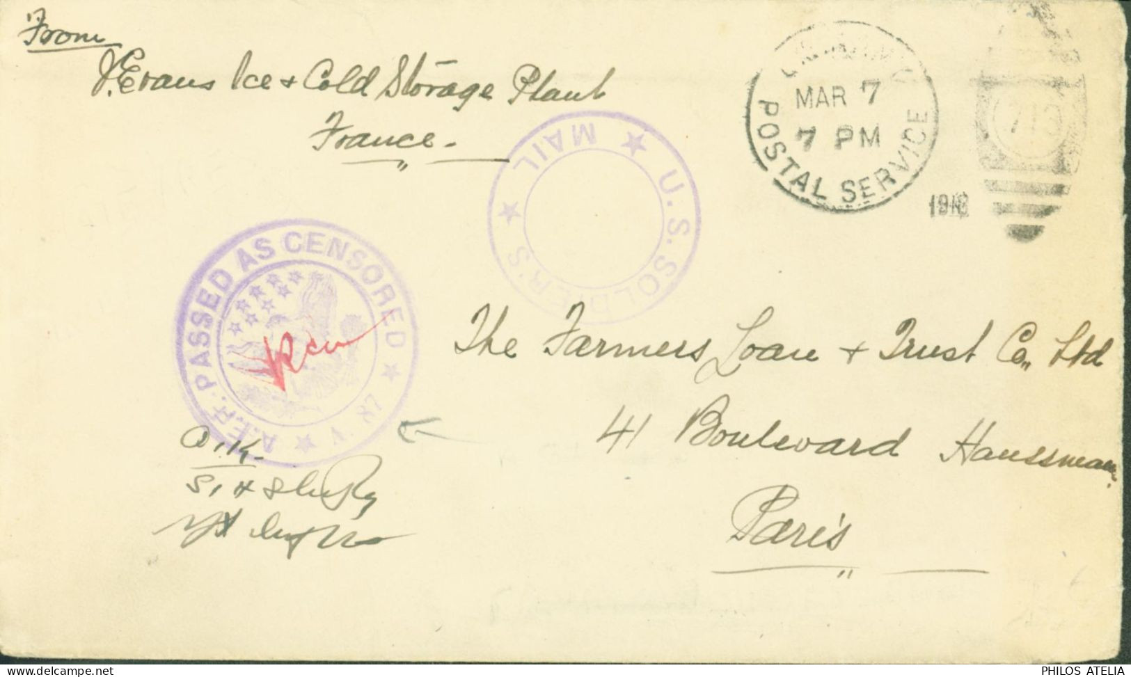 Guerre 14 Armée Américaine Cachet U.S Soldiers Mail CAD Postal Service MAR 7 7PM 1918 APO Killer 713 Censure A87 - 1. Weltkrieg 1914-1918