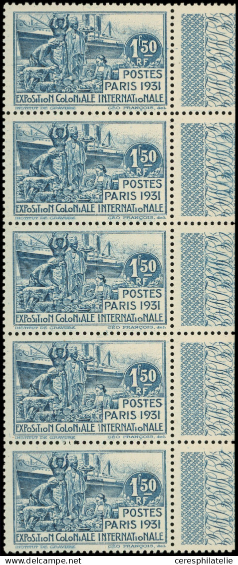 ** Grandes Séries Coloniales 1931 : Exposition Coloniale, 1f50 Bleu, BANDE Verticale De 5 Avec Impression S. RACCORD Sur - Non Classés