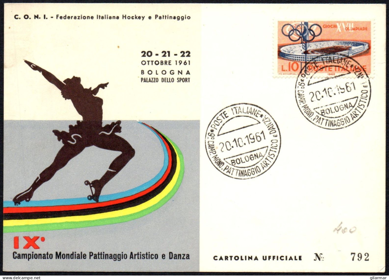 SKATING - ITALIA BOLOGNA 20.10.1961 - IX CAMPIONATO MONDIALE PATTINAGGIO ARTISTICO E DANZA - CARTOLINA UFFICIALE - M - Eiskunstlauf