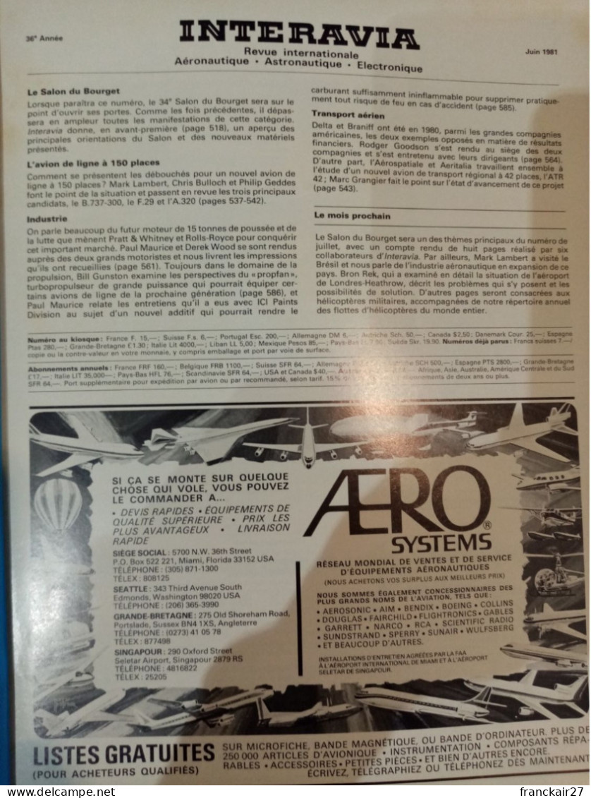 INTERAVIA 6/1981 Revue Internationale Aéronautique Astronautique Electronique - Aviation