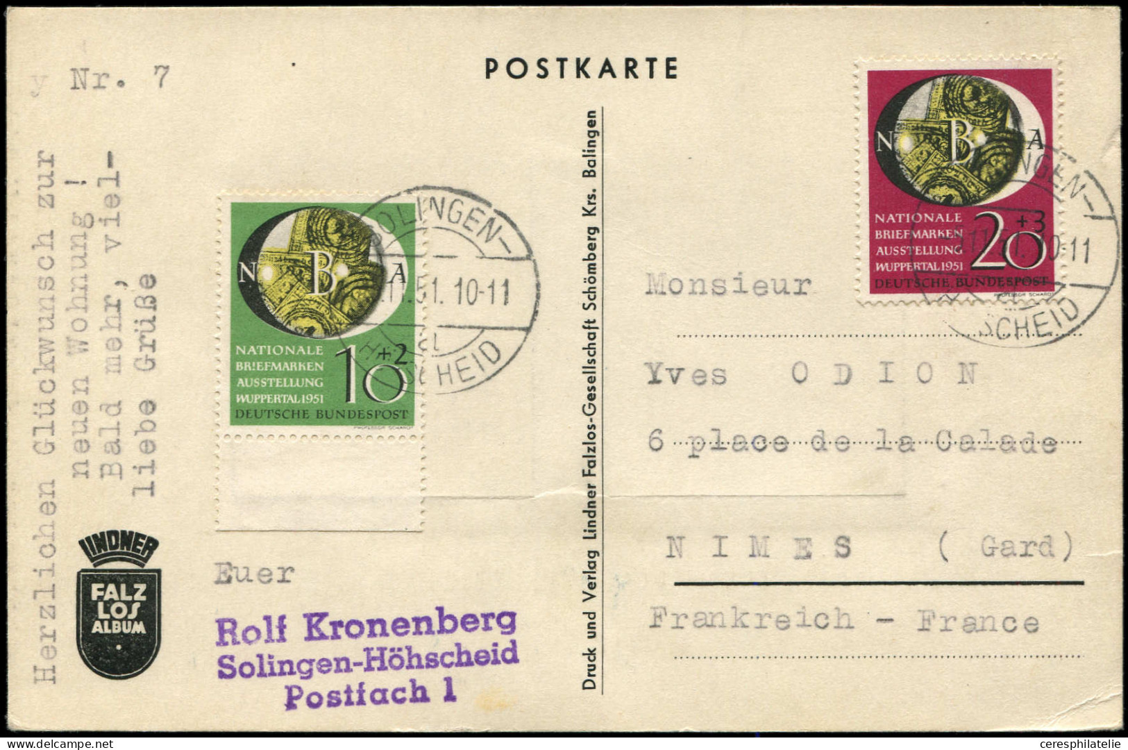 Let RFA 27/28 : Expo Philatélique 1951 Obl. 5/11/51 S. CP, TB - Lettres & Documents