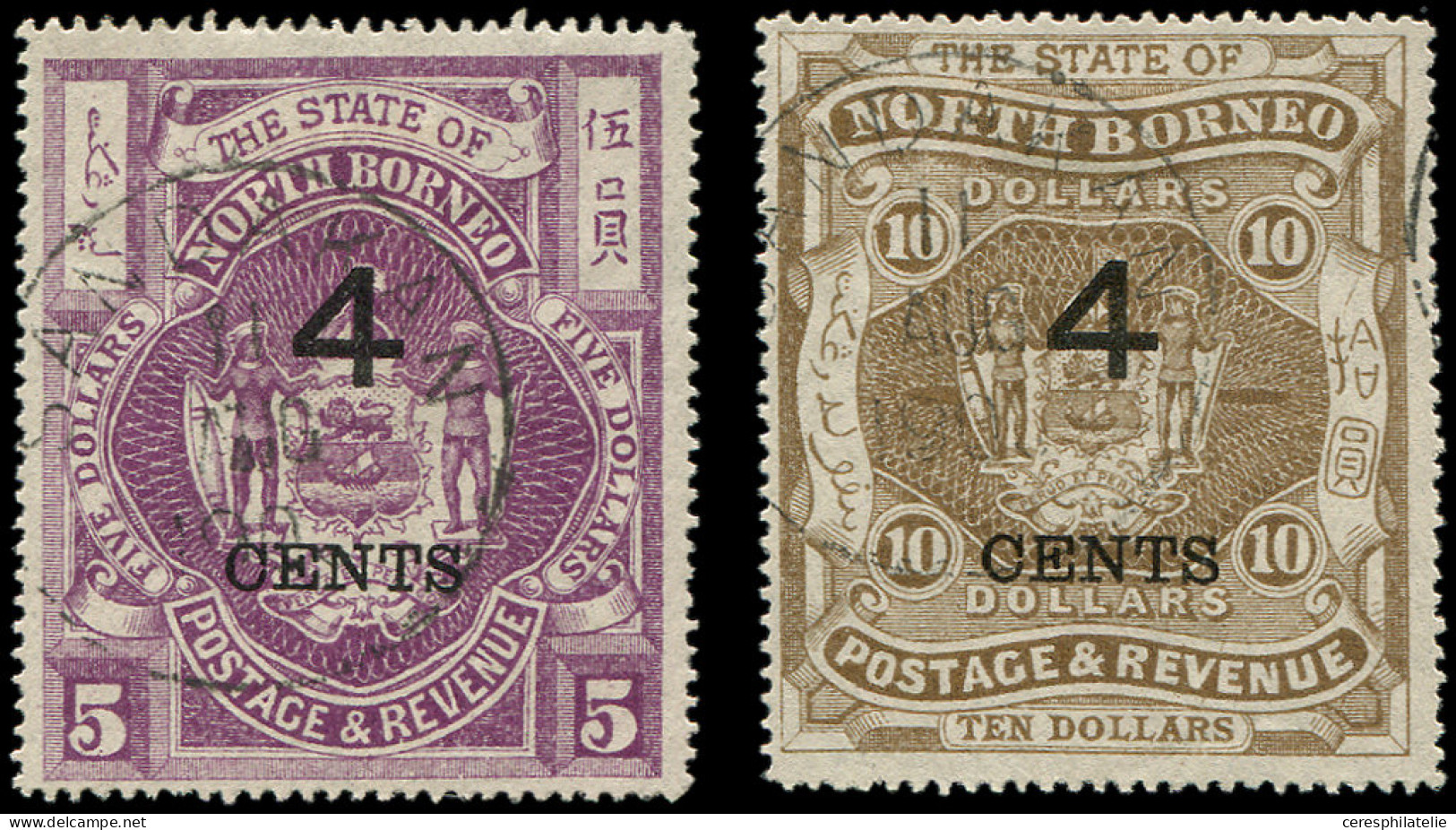 BORNEO DU NORD 96/97 : 4c. Sur 5d. Violet Et 4c. Sur 10d. Brun, Obl., TB - Bornéo Du Nord (...-1963)