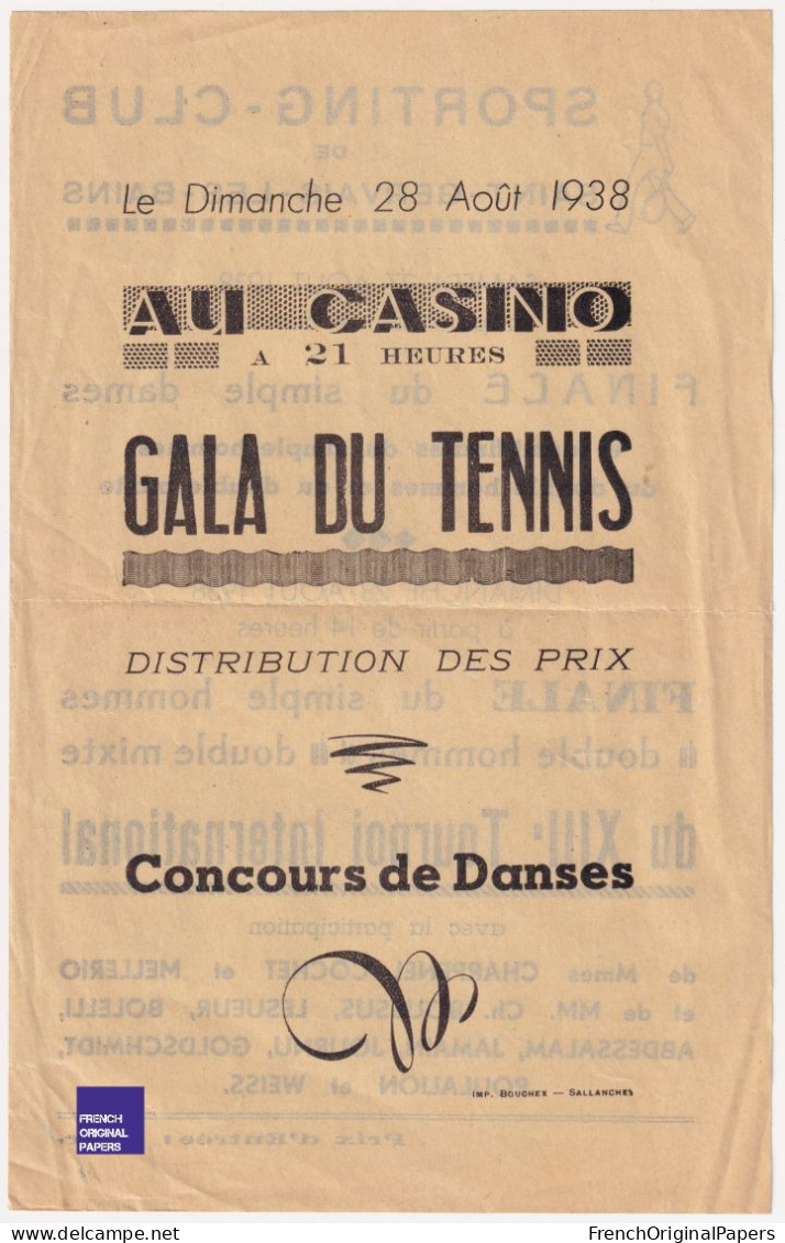 Gala Du Tennis Feuillet Publicité 1938 Casino De Saint-Gervais Les Bains Sporting Club Concours Sports C3-1 - Publicidad