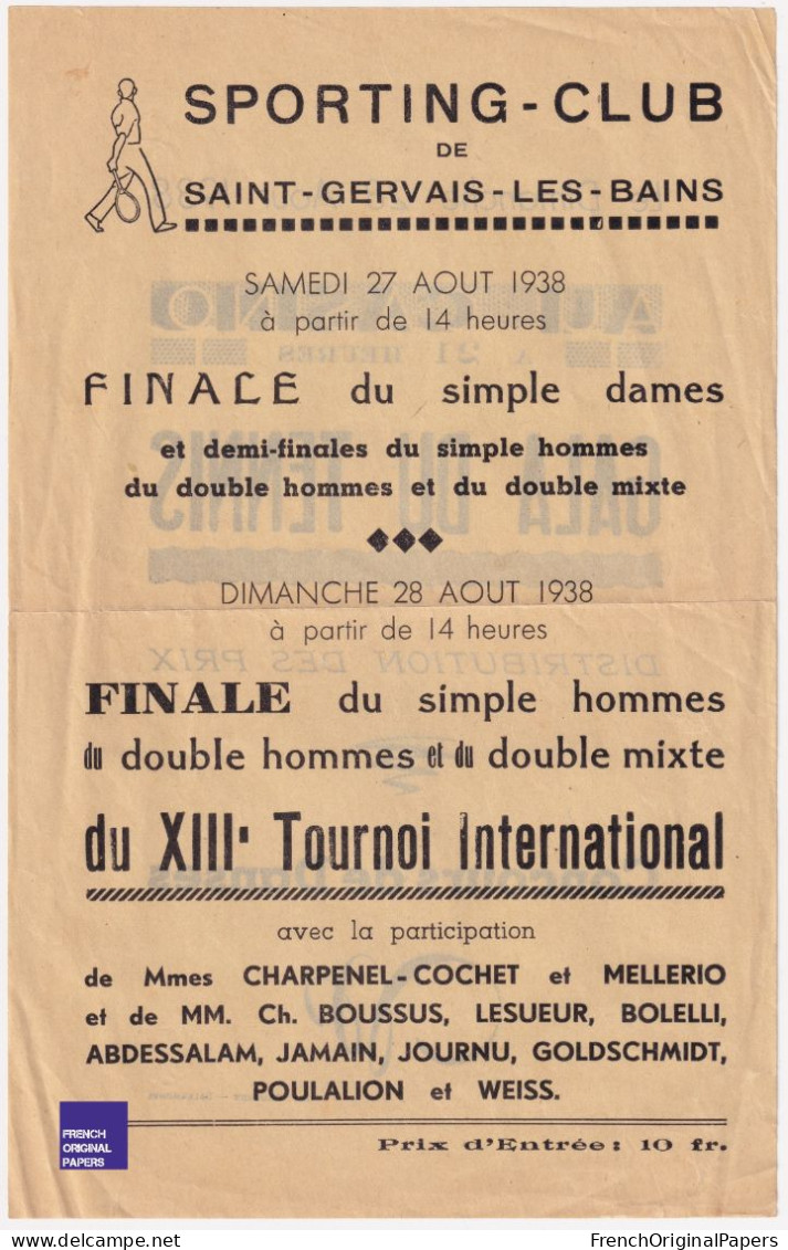 Gala Du Tennis Feuillet Publicité 1938 Casino De Saint-Gervais Les Bains Sporting Club Concours Sports C3-1 - Publicidad