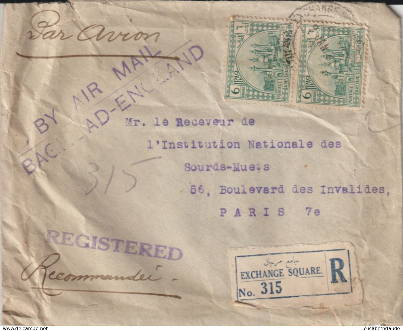 IRAQ - 1931 - ENVELOPPE Par AVION BAGHDAD-ENGLAND ! RECOMMANDEE "EXCHANGE SQUARE" !! => PARIS - Iraq