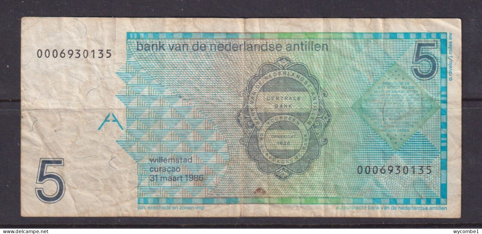 NETHERLAND ANTILLES - 1986 5 Gulden Circulated Banknote As Scans - Nederlandse Antillen (...-1986)