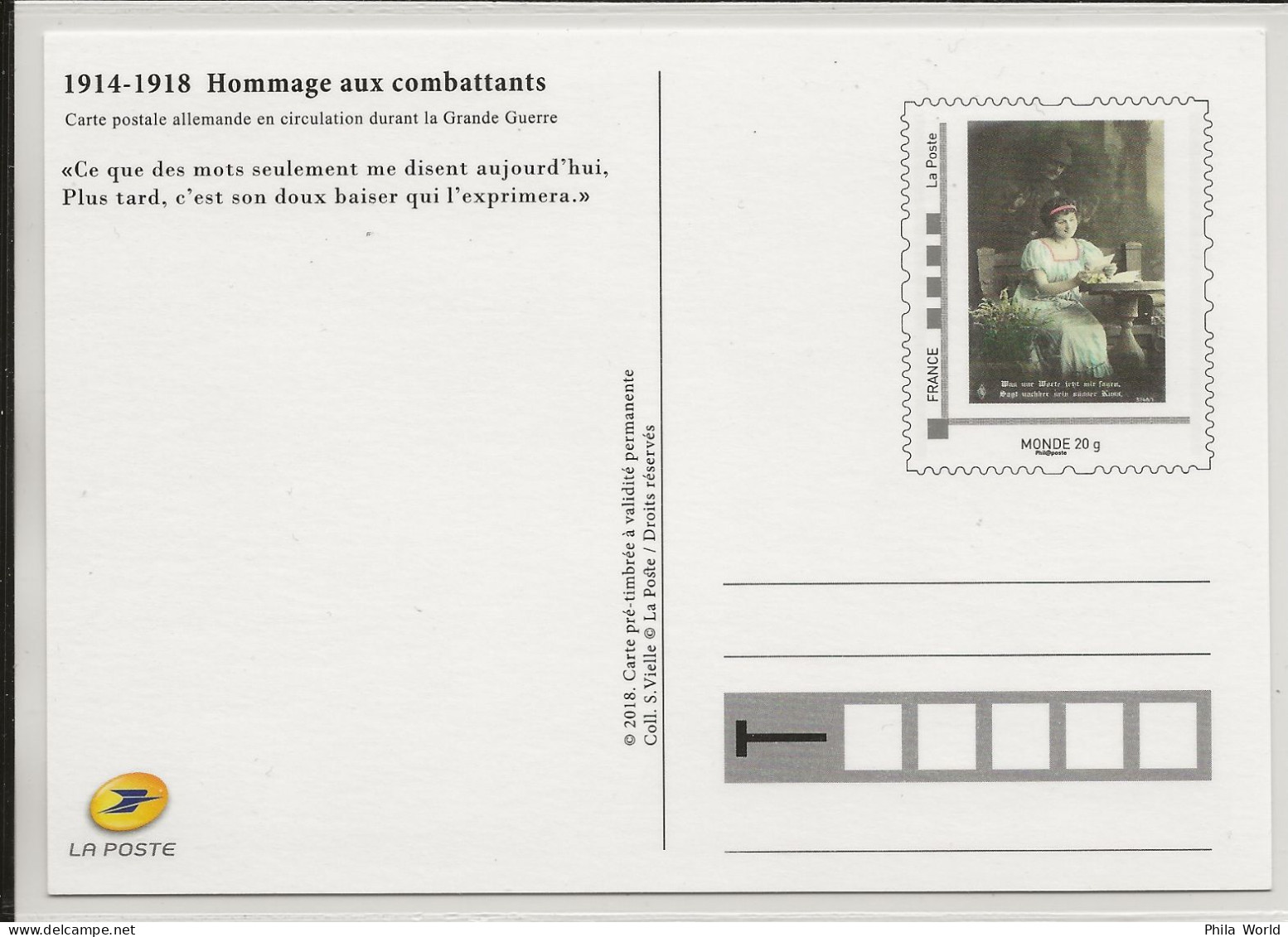 FRANCE 2018 1914 1918 Carte Postale Allemande Hommage Combattants Entier Postal PàP Poste Tarif MONDE Postal Stationery - Prêts-à-poster: TSC Et Repiquages Semi-officiels