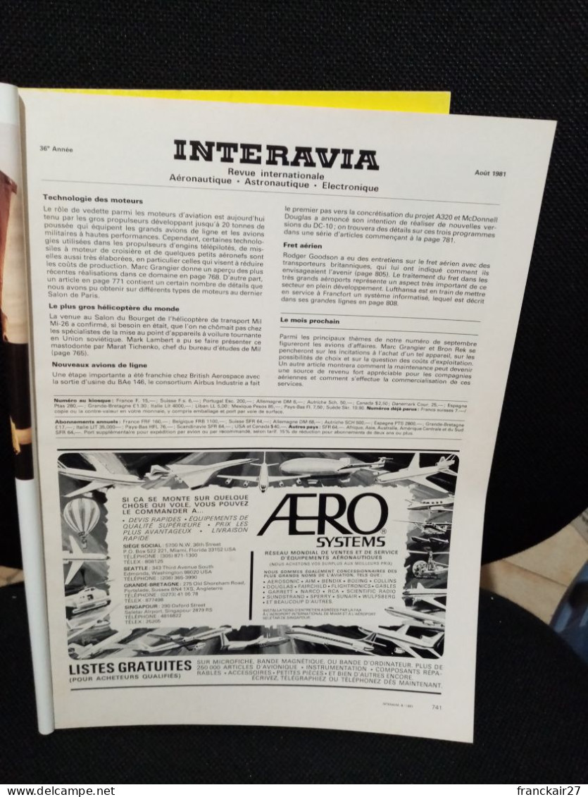 INTERAVIA 8/1981 Revue Internationale Aéronautique Astronautique Electronique - Aviazione