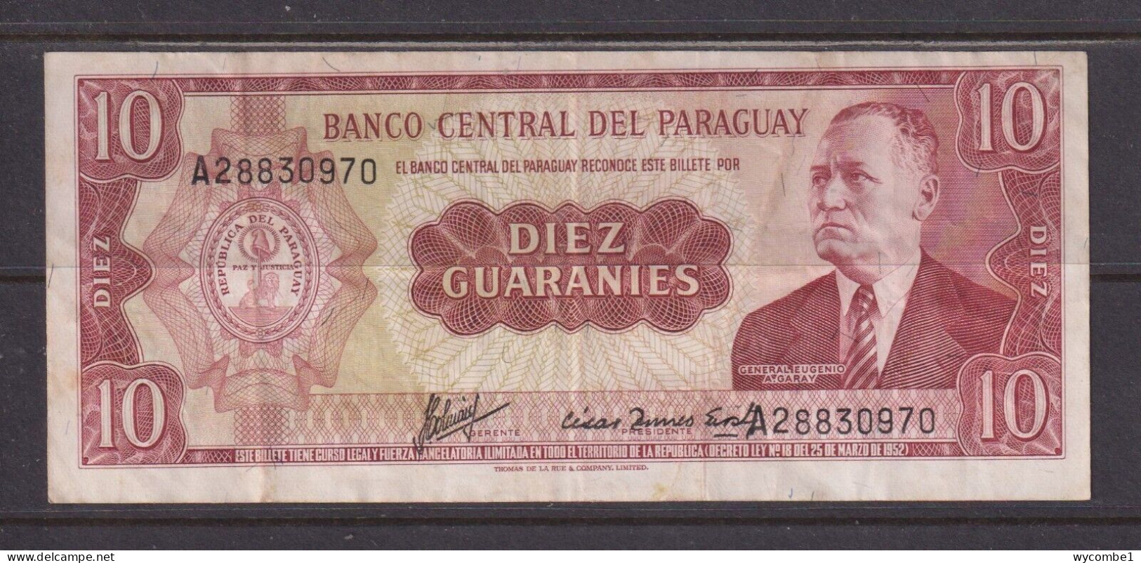 PARAGUAY - 1952 10 Guaranies Circulated Banknote As Scans - Paraguay