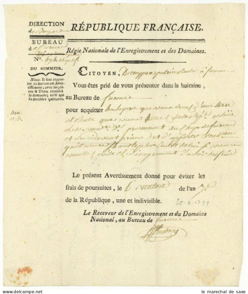 91 FURNES Belgique 1799 Pour Furnes - 1792-1815: Départements Conquis