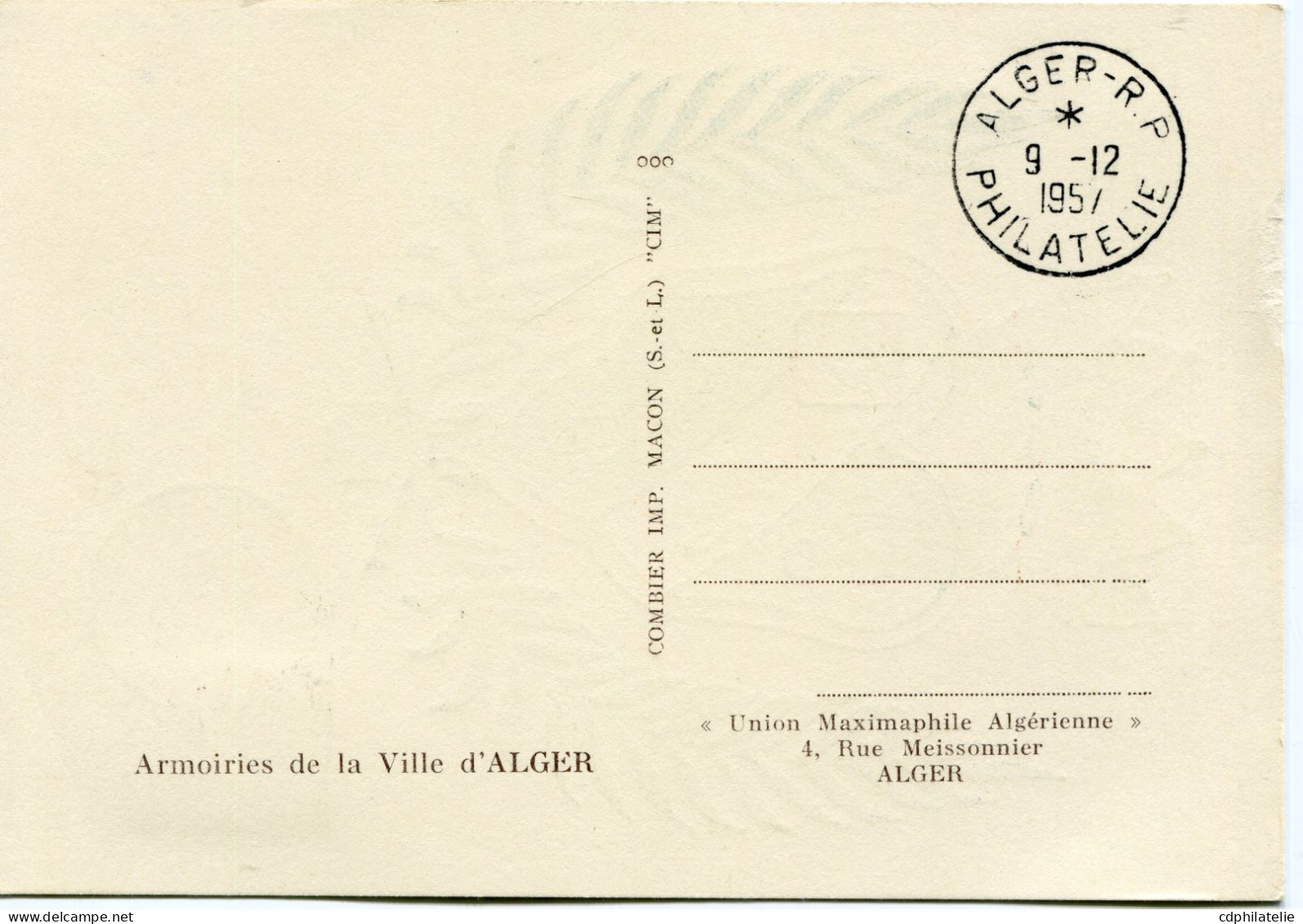 ALGERIE CARTE MAXIMUM DU N°337D ARMOIRIES DE LA VILLE D'ALGER AVEC OBLITERATION ALGER 9-12-1957 PHILATELIE - Maximumkarten