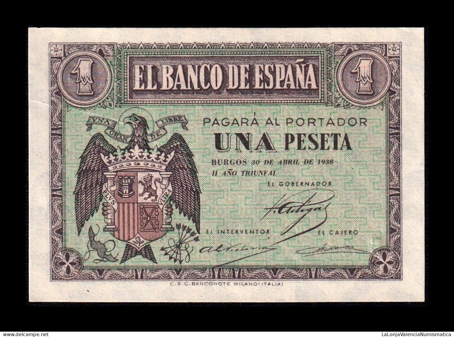 España Spain 1 Peseta Burgos Abril 1938 Pick 108 Serie C Sc- AUnc - 1-2 Pesetas