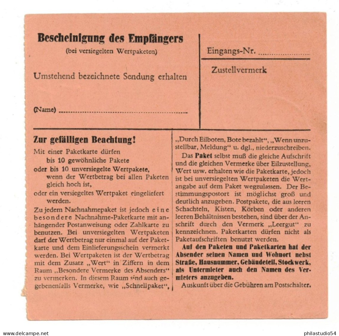 80 Und 20 Pf. Posthorn Auf Paketkartenstammteil Ab BAD EILSEN - Lettres & Documents