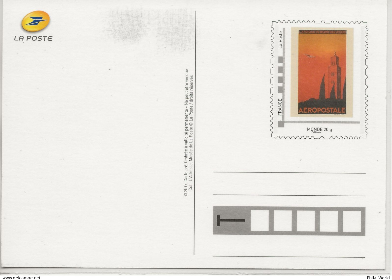FRANCE 2017 AEROPOSTALE Afrique Du Nord Par Avion Entier Postal PàP Poste Tarif MONDE Postal Stationery - Prêts-à-poster:Stamped On Demand & Semi-official Overprinting (1995-...)
