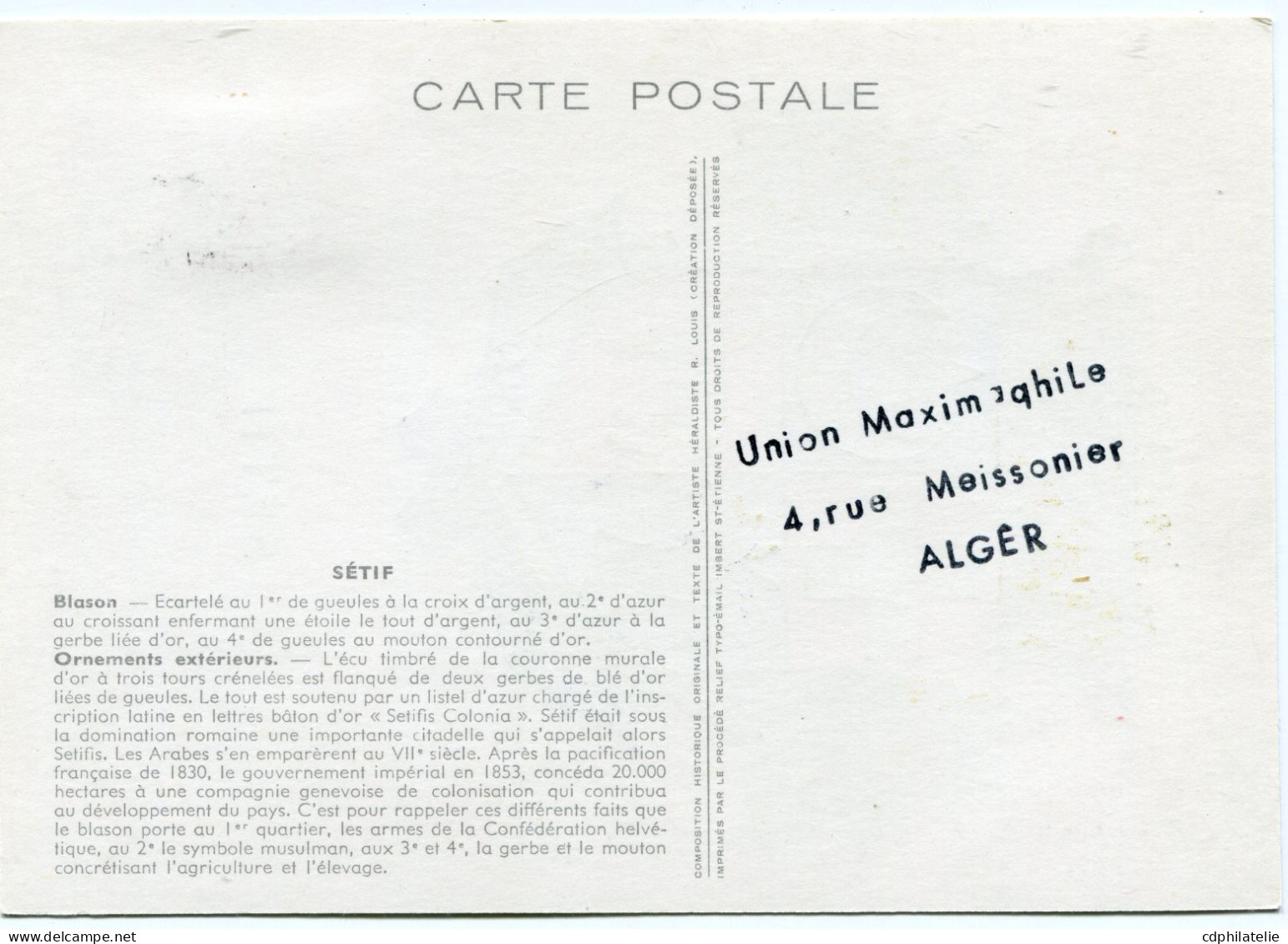 ALGERIE CARTE MAXIMUM DU N°337E ARMOIRIES DE LA VILLE DE SETIF AVEC OBLITERATION SETIF 24-5-1958 CONSTANTINE - Cartes-maximum