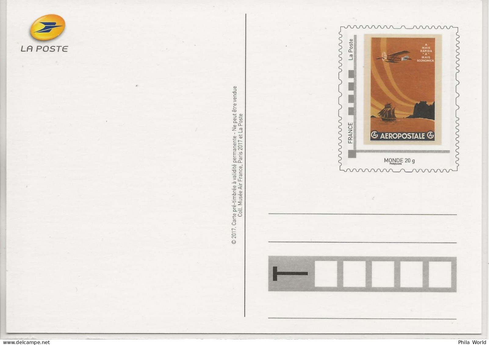 FRANCE 2017 AEROPOSTALE CGA A Mais Rapida Economica Entier Postal PàP Poste Tarif MONDE Postal Stationery - Prêts-à-poster:Stamped On Demand & Semi-official Overprinting (1995-...)