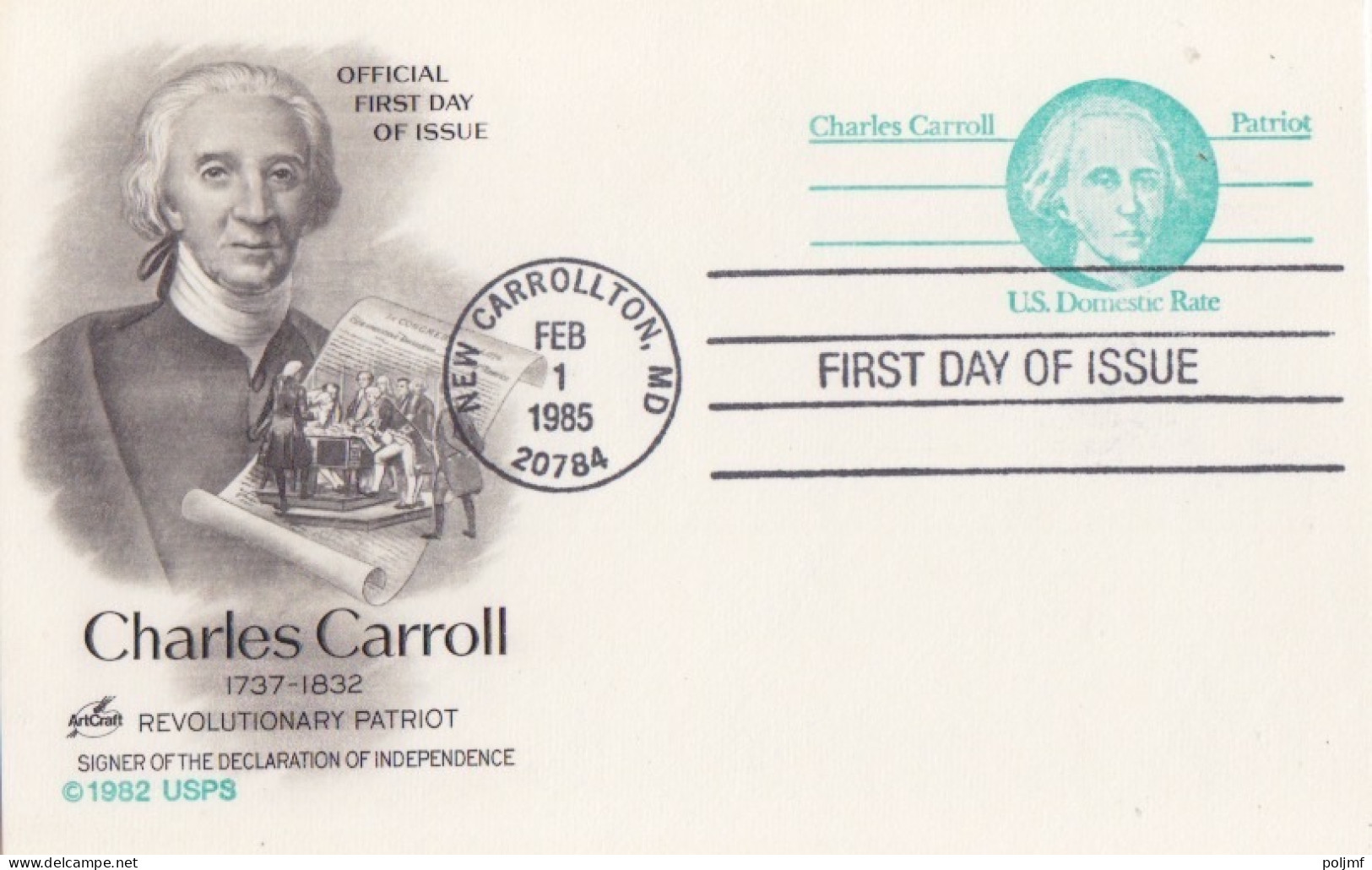 Entier US Domestic Rate FDC "Charles Carrol" Obl. New Carrollton Le 1 Feb 1985 - 1981-00
