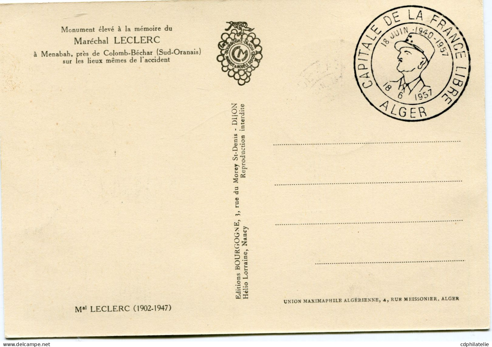 ALGERIE CARTE MAXIMUM DU N°345 17e ANNIVERSAIRE DE L'APPEL DU 18 JUIN AVEC OBL ILL CAPITALE DE LA FRANCE LIBRE.......... - Cartes-maximum