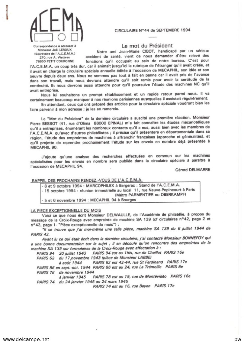 REVUE ACEMA N° 44  Septembre 1994 - Französisch (ab 1941)