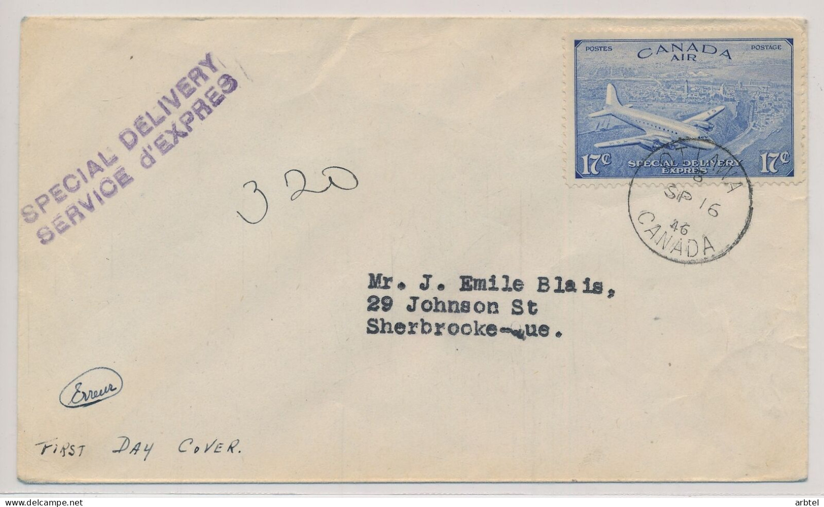 CANADA OTTAWA A SHERBROOKE CC 1946 SPECIAL DELIVERY EXPRES SELLO AVION PLANE - Cartas & Documentos