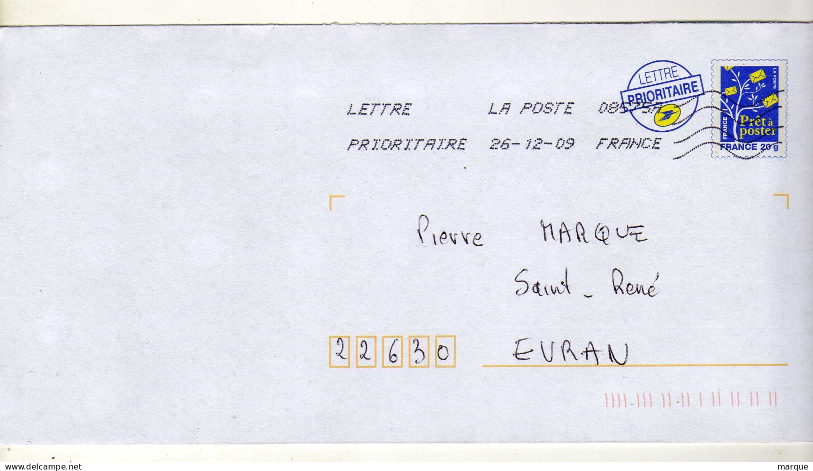 Enveloppe FRANCE Prêt à Poster Lettre 20g Oblitération LA POSTE 08575A 26/12/2009 - PAP : Bijwerking /Logo Bleu